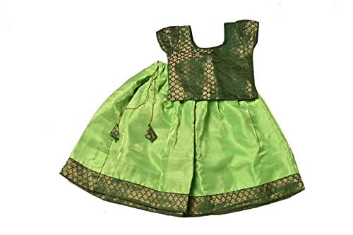Green Chanderi & Dupion Fabric Short Sleeve Weeding Wear Pattu Pavadai Lehenga Choli for Kids (Color-Green)