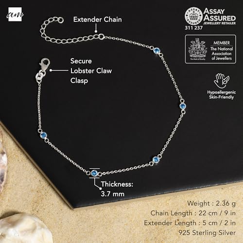 Image of Amberta Italian Sterling Silver Anklet for Women 925 | Adjustable Ankle Bracelets for Women Beaded Heart Summer Jewellery