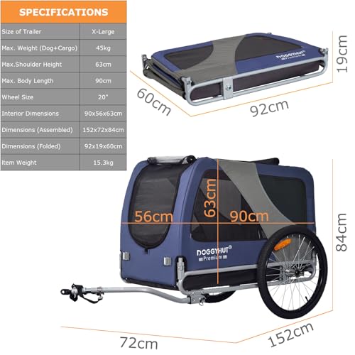 DOGGYHUT® Premium XL Hundefahrradanhänger bis 45 kg Fahrradanhänger für Hunde Hundeanhänger für Fahrrad große Hunde 80103 (BLAU/SCHWARZ)