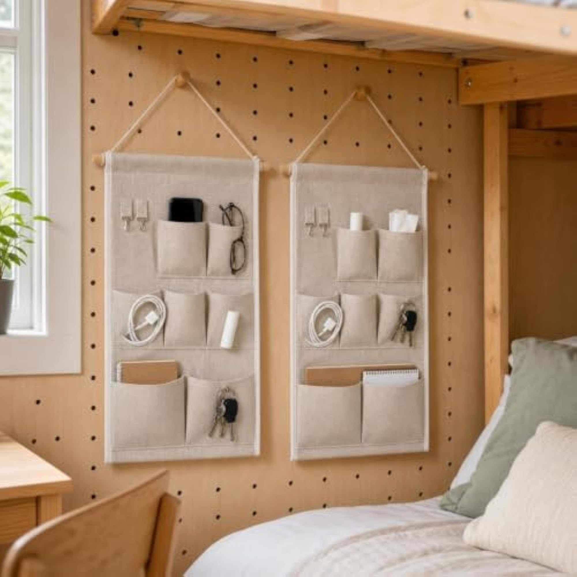 Dorm Wall Hanging Organizer with 12 Pockets, Cotton Linen