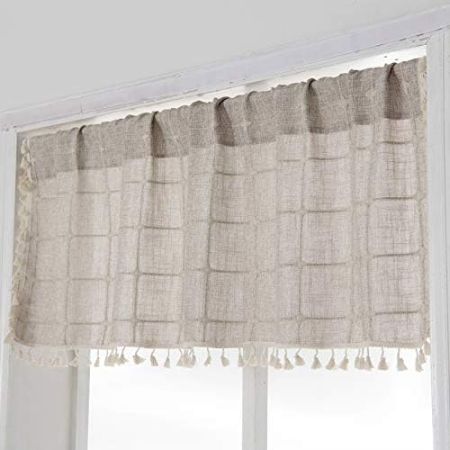 YoKii Boho Tassel Valances for Windows Modern Farmhouse Cotton Linen Kitchen Curtains Topper Country Gingham Window Treatments Tier Curtain for Bathroom Bedroom Decors (W52 x L18, Tan)