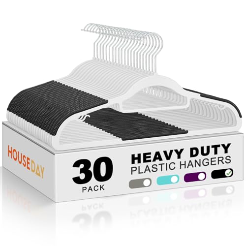 HOUSE DAY Slim Plastic Hangers 30 Pack, Non Slip White Clothes Hangers