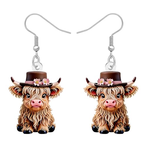 DOWAY Highland Cow Gifts Acrylic Highlander Cow Earrings Dangle Country Cowgirl Jewelry Quirky Hyland Cows Gifts for Women Mom (Tan)