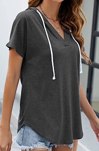 Nekosi Lightweight Hoodie Women Short Sleeve V Neck Pullover Hoodies For Summer Dark Gray Large #TOP2