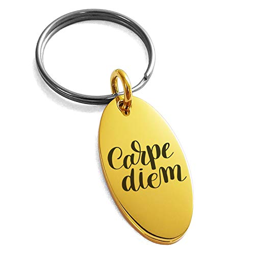 Stainless Steel Carpe Diem Calligraphy Small Oval Charm Keychain Keyring