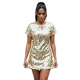 Caziffer Robe Femme Courte Été Mini Robe Brillante avec Sequins à Manches Courtes Robes Pailletté Shiny Col Rond pour Femme Cocktail Party Clubwear (Doré, L)