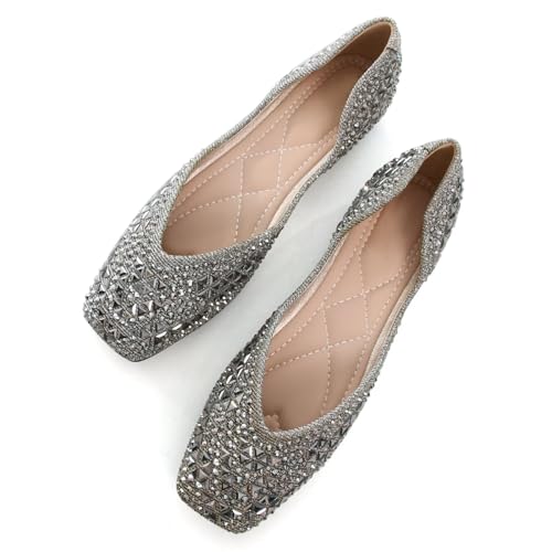 ChaiRong Zhou Womens Square Toe Flats Low Heel Dress Shoes Comfortable Ballet Flats Slip on Rhinestone Wedding Shoes