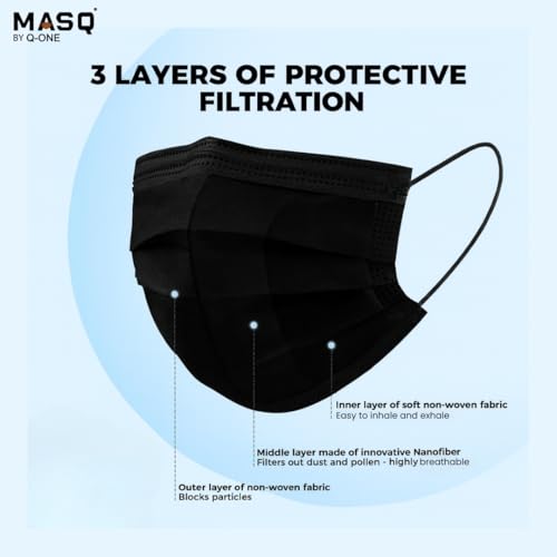 Image of MASQ By Q-One Single Use Disposable Black Face Mask, Soft on Skin, 3-ply Masks Facial Cover with Elastic Earloops and Nose Clip Great For Home, Office, School, and Outdoors