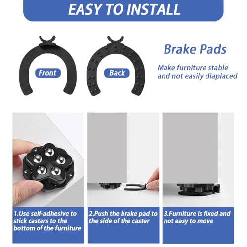 Self Adhesive Caster Wheels Stainless Steel 360° Swivel Low Profile Rollers with Brake Pads,for Furniture, Kitchen, Storage Bins & Mop Bucket (Black-4pcs)