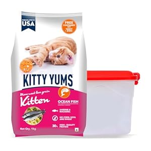 Kitty Yums Kitten (1-12 Months) Dry Cat Food Ocean Fish Flavour 1kg Pack with Free Container Pack