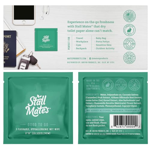 Image of Stall Mates Wipes - Flushable Wipes, Individually Wrapped, Travel Friendly, Unscented with Cucumber, Vitamin-E & Aloe, 15 Boxes of 30 on-the-go singles, 450 wipes total