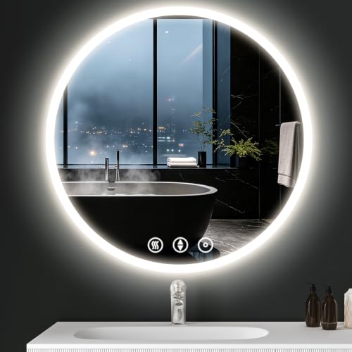 Dripex Badspiegel rund 70cm, Badezimmerspiegel Dimmbar, 3 Lichtfarben, IP44 – Ansicht 1