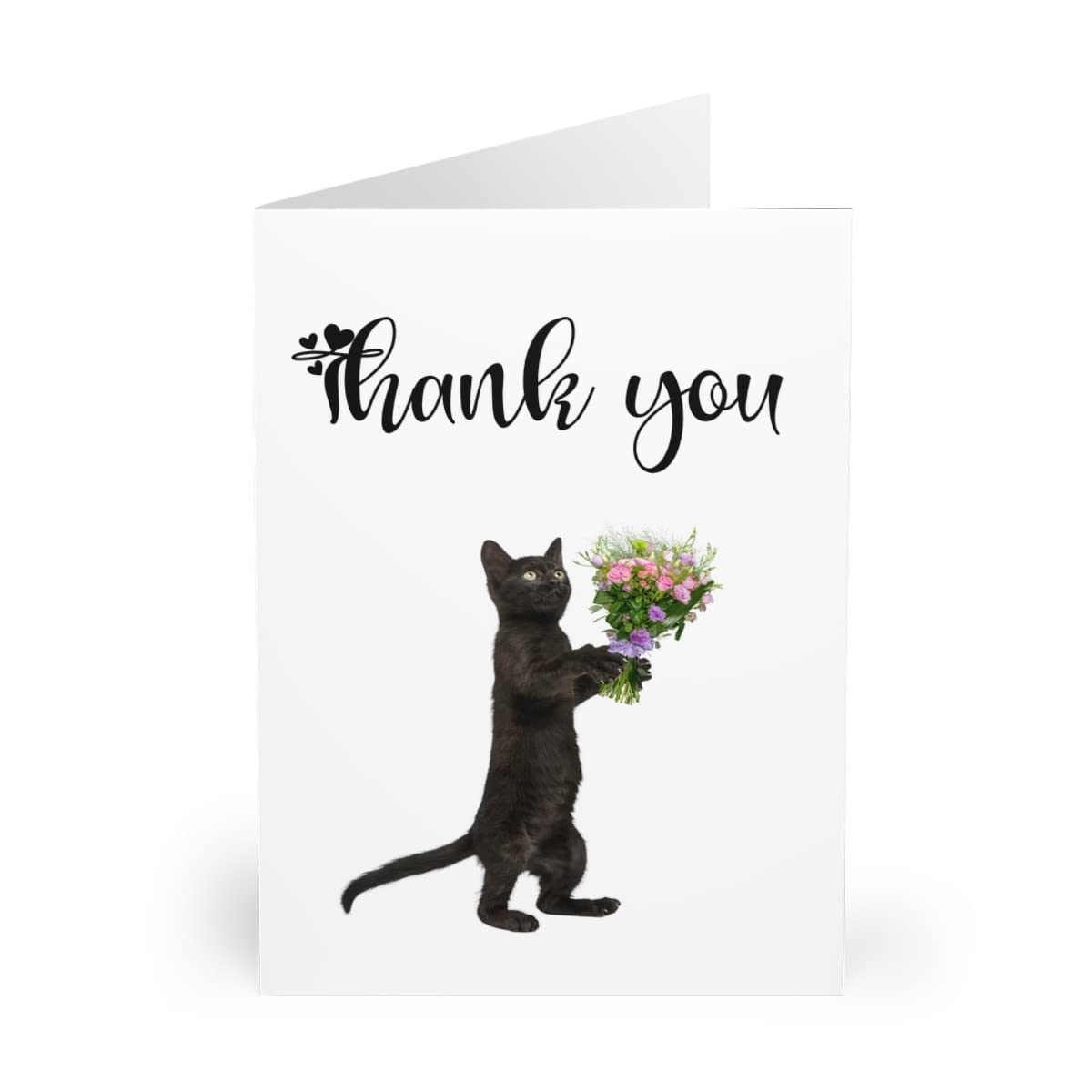 Thank You Card with Black Cat - Appreciation Card for Cat Lovers - Black Cat Holding Flowers Design