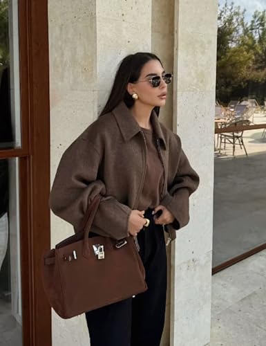 Womens Cropped Wool Jacket Warm Winter Fleece Bomber Jacket Zip Up Short Pea Coats with Pockets2