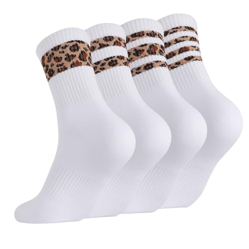 kodinsiivous 4 Paar Tennissocken Damen 38-42 Sportsocken Weiß Socken mit Leoprint Leopardenmuster Baumwollesocken Leo Socken Crew Socks für Tennis Sport Damen Frauen Weiß