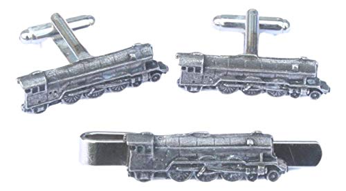 Gemelos de tren de vapor y pasador de corbata elegantemente presentados en caja de regalo