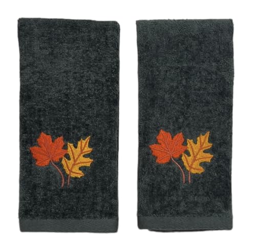 Serafina Home Harvest Fall Tip Towels: Plush Dark Grey Gray Cotton Towels With Autumn Leaf Design Set Of 2 cover