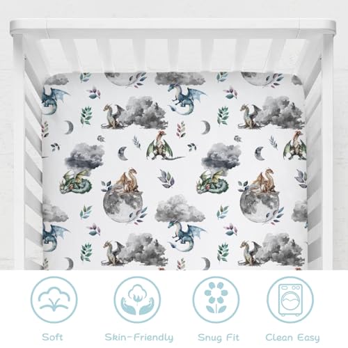 Image of Watercolor Dragons Fairytale Baby Crib Sheets - 52''x28'' Dragon Wings Leaves Moon Clouds Stretchy Fitted Mattress Cover for Boy & Girl - Soft Nursery Bed Sheets for Standard & Toddler Mattress