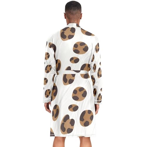 Brown Leopard Pattern on White Mens Night-Robe Lightweight Soft Bathrobe Sleepwear with Pockets3