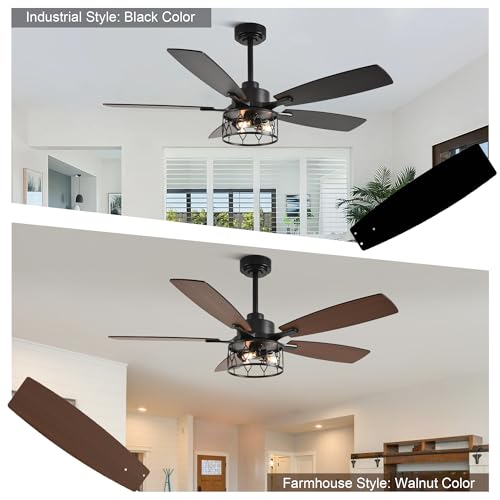 Image of 52 inch Farmhouse Ceiling Fan with Lights Remote Rustic Ceiling Fan | Caged Black Fandelier Industrial Chandelier Light for Bedroom Living Room, Reversible 6 Speeds, 3 E12 Bulbs (Not Included)
