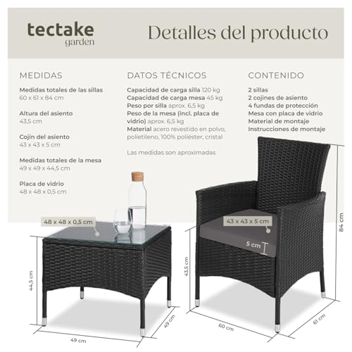 tectake® Conjunto Jardín Exterior de Ratán y Acero para 2 Personas, Muebles Jardín Exterior Resistentes a Intemperie, 2 Sillones y 1 Mesa Cristal, Fácil Montaje y Limpieza, Incl. 4 Fundas - Negro - imagen 7