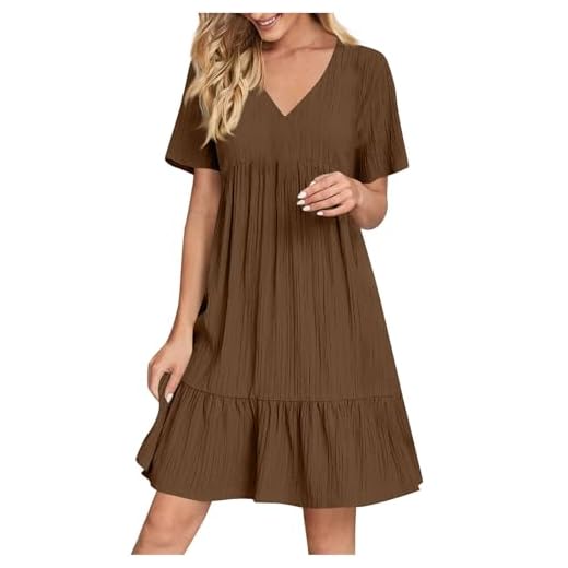 Robe D'Été Femme Chic Et Elegant Col V Manches Courtes éTé BohèMe Tunique Robe Ample A-Line Mi-Longue Dress Grande Taille DéContractéE Robes Couleur Unie Taille Haute Robes pour FêTer Vacances Plage