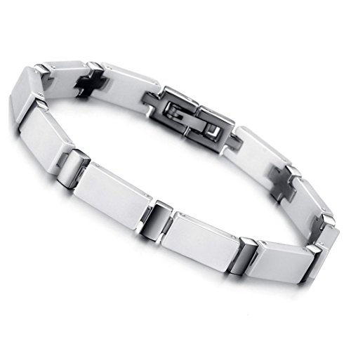 Flongo Bracelet Acier Inoxydable Céramique Lien Poignet Croix Poli Fantaisie Bijoux Cadeau Couleur Blanc pour Femme Homme