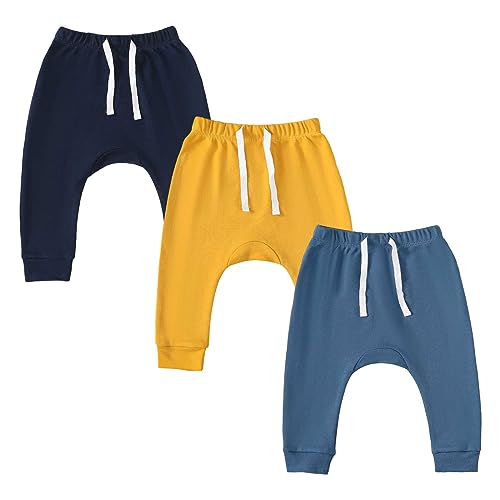 Image of SOBOWO Newborn Baby Boy Girl 3-Pack Joggers Infant Baby Cotton Harem Pants for Toddler Boys Girls 0-3T Interlock 195 GSM
