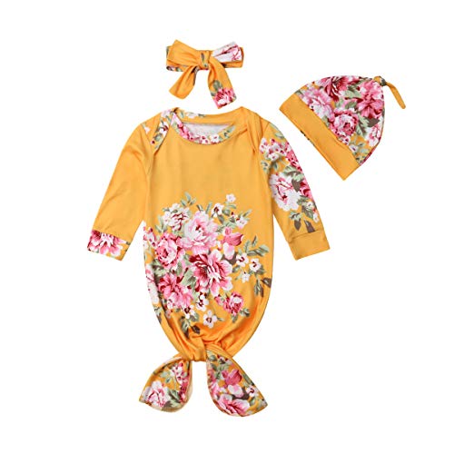 Newborn Baby Nightgown, Girl Floral Knotted Sleepy Sleepwear Boy Striped Romper Sleeping Bags Swaddle Blanket for 0-12M (0-3 Months, Yellow)