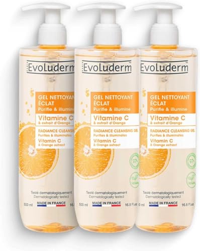 EVOLUDERM – Gel Nettoyant Éclat Vitamine C – 500 ml – 97% d’Origine Naturelle – Végan – Fabrication Française – Lot de 3 x 500 ml