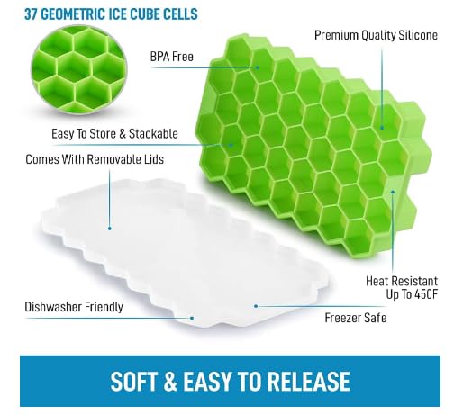 Image of Silicone Ice Cube Trays with Lids Pack of 1Easy-Release Hexagon Ice Maker for Freezer, Reusable Food-Grade Ice Molds for Cocktail Bar, Whiskey, Iced Coffee & Home Kitchen (Green) (1)