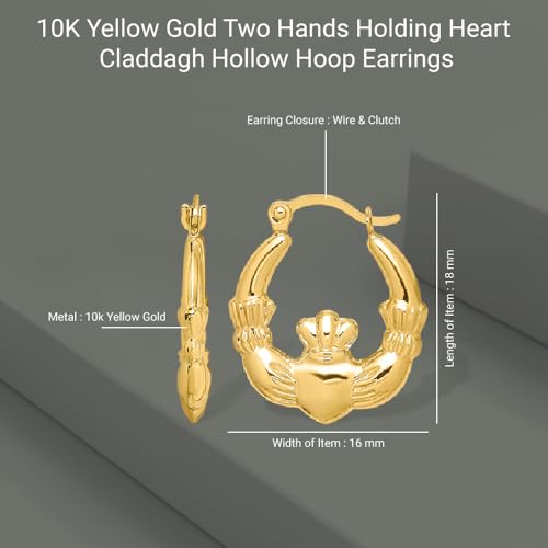 Diamond2Deal 10K Yellow Gold Two Hands Holding Heart Claddagh Hollow Hoop Earrings (L-18 mm W-16 mm)4