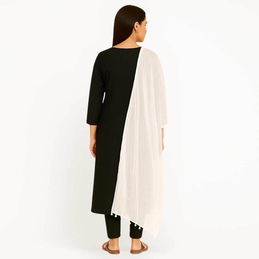 VinodRatna Women Pure Solid Cotton Dupatta With Pom Pom Border 2.25m (White, 2.25m) - Image 6 thumbnail