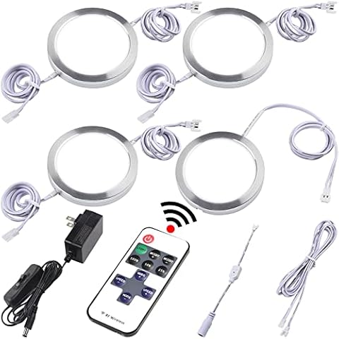 Lvyinyin Kitchen Under Cabinet Lights Kit, 120 Volt Wired LED Puck Display Cases Lighting, RF Wireless Remote Control Dimmable, Daisy Chained Linkable, White Wires, Daylight 6000K, 4 Lights Cover
