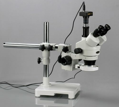 Image of AmScope SM-3TZ-54S-8M Digital Professional Trinocular Stereo Zoom Microscope, WH10x Eyepieces, 3.5X-90X Magnification, 0.7X-4.5X Zoom Objective, 54-Bulb LED Light, Single-Arm Boom Stand, 110V-240V, Includes 0.5X and 2.0X Barlow Lenses and 8MP Camera with Reduction Lens and Software