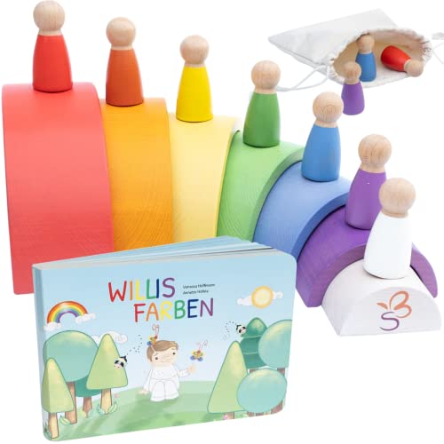 SCHMETTERLINE® Regenbogen-Holz Spiel inkl. Holzfiguren & Vorlesebuch - Montessori-Regenbogen Spielzeug für Kinder ab 3 Jahren - Holz Lernspielzeug - Regenbogen Holzspielzeug mit Holzpuppen Cover