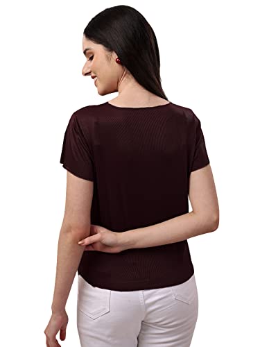 Image of Pujia Mills Women's Casual Round Neck Lycra Short Sleeve Plain Burgundy Regular Fit Top. (PC Regular Fit Tops 33)