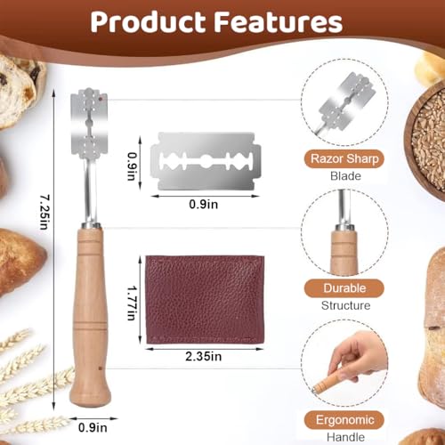 Image of Supvox Bread Lame with 5 Pieces Replaceable Blades, Stainless Steel Bread Knife with Wooden Handle, Professional Baking Kitchen Bread Lame for Bread Baking, Sourdough, Country Bread