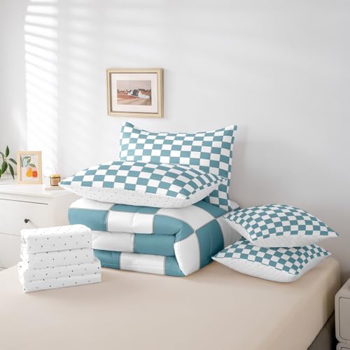 Image of Erosebridal White Blue Checkered Boys Twin Comforter Set with Sheets 7 Piece Buffalo Plaid Grid Kids Bedding Set with Sheets Teen Men Checkerboard Bed in A Bag Aesthetics Gingham Bed Set