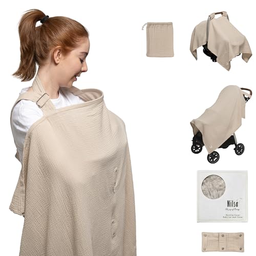 Image of Nilsa 5-in-1 Muslin Nursing Cover up for Breastfeeding & Baby Car Seat Cover - Breathable Breastfeeding Cover With Rigid Hoop - 100% Cotton Privacy Apron Breast Feeding Covers For Women (Ecru)