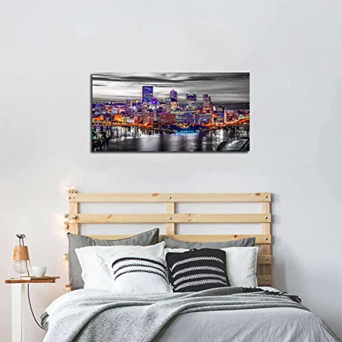 Pittsburgh Skyline Wall Art For Living Room Pennsylvania Cityscape Pictures Decor Black And White Canvas Prints City Night Skyscraper Panorama Poster Modern Home Office Artwork Decorations 20X40” #TOP4