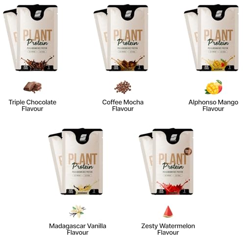 Image of SparkFusion Plant Protein Powder Sachets Combo - Triple Chocolate, Coffee Mocha, Alphonso Mango, Madagascar Vanilla & Zesty Watermelon | Pea & Brown Rice Protein | 25g Protein Per Sachet | 10 Sachets