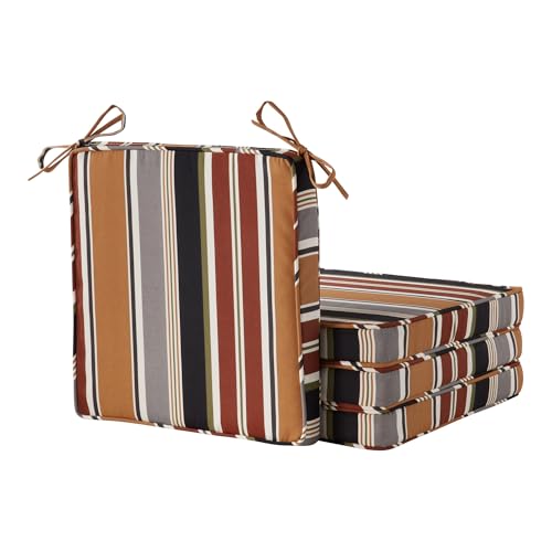 Outdoor 18 inch Square Patio Dining Chair Pads – Comfortable Fiber-Filled Seat Cushions with Ties, Reversible Polyester Fabric - Brick Stripe, Set of 4