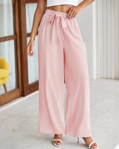 Image of BTFBM Pants for Women 2026 Spring Clothes Striped High Waist Tie Knot Dressy Casual Wide Leg Palazzo Work Trousers Pants