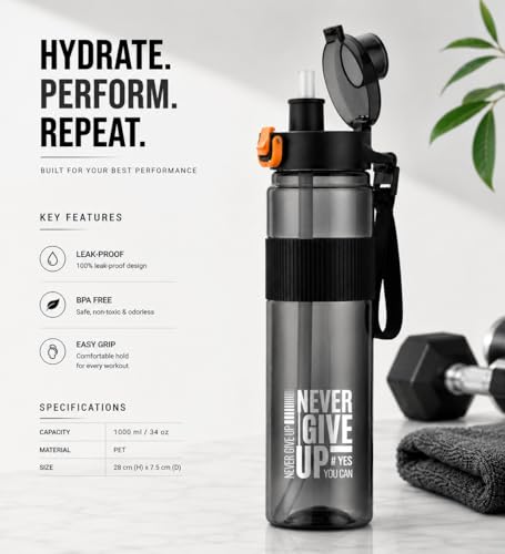 Image of Motivational Sports Water Bottle 1000ml BPA-Free Plastic Bottle with Flip Lid & Straw Reusable Leakproof Drinking Bottle for Gym, School, Office, Home & Outdoor Activities (black, pack of 1) (black)