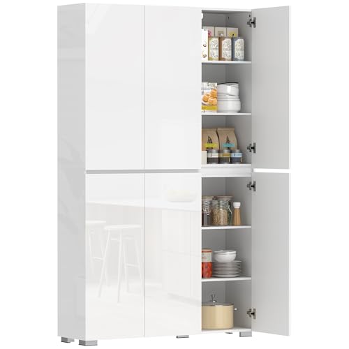 HOMCOM Buffet Haut Cuisine Armoire de Cuisine à Haute Brillance vaisselier 6 Portes à Fermeture Douce 12 Compartiments étagères réglables Meuble Rangement...