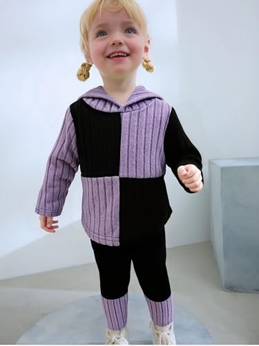 Image of Toddler Kid Girls Clothes Ribbed Color Block Long Sleeve Hoodie Sweatsuit Set Fall Outfits