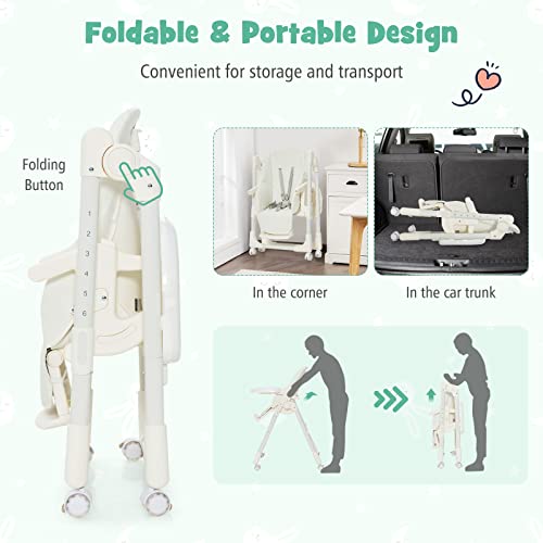 Baby Joy High Chair For Babies & Toddlers, Foldable Highchair With Adjustable Backrest, Footrest And Height, Removable Tray, Detachable Seat Cushion, 4 Lockable Wheels (Beige) #TOP6