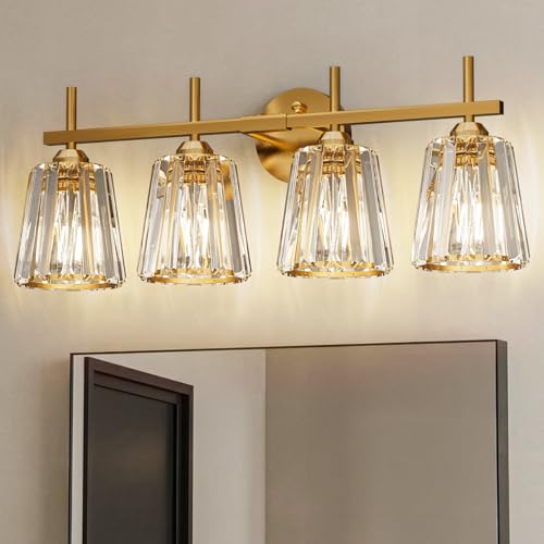 KernLite Crystal Bathroom Light Fixtures Over Mirror Gold 4-Light Bathroom Vanity Lights Over Mirror Modern Wall Lighting Sconces with Ceramic E26 Base (Bulbs Not Include)