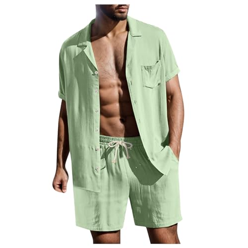 Combinaison en lin homme 2 pièces avec chemise manches courtes et short d'été uni